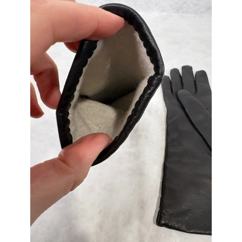 Vintage Black Leather Gloves Mid Length Lined Winter Dress Gloves Small Medium